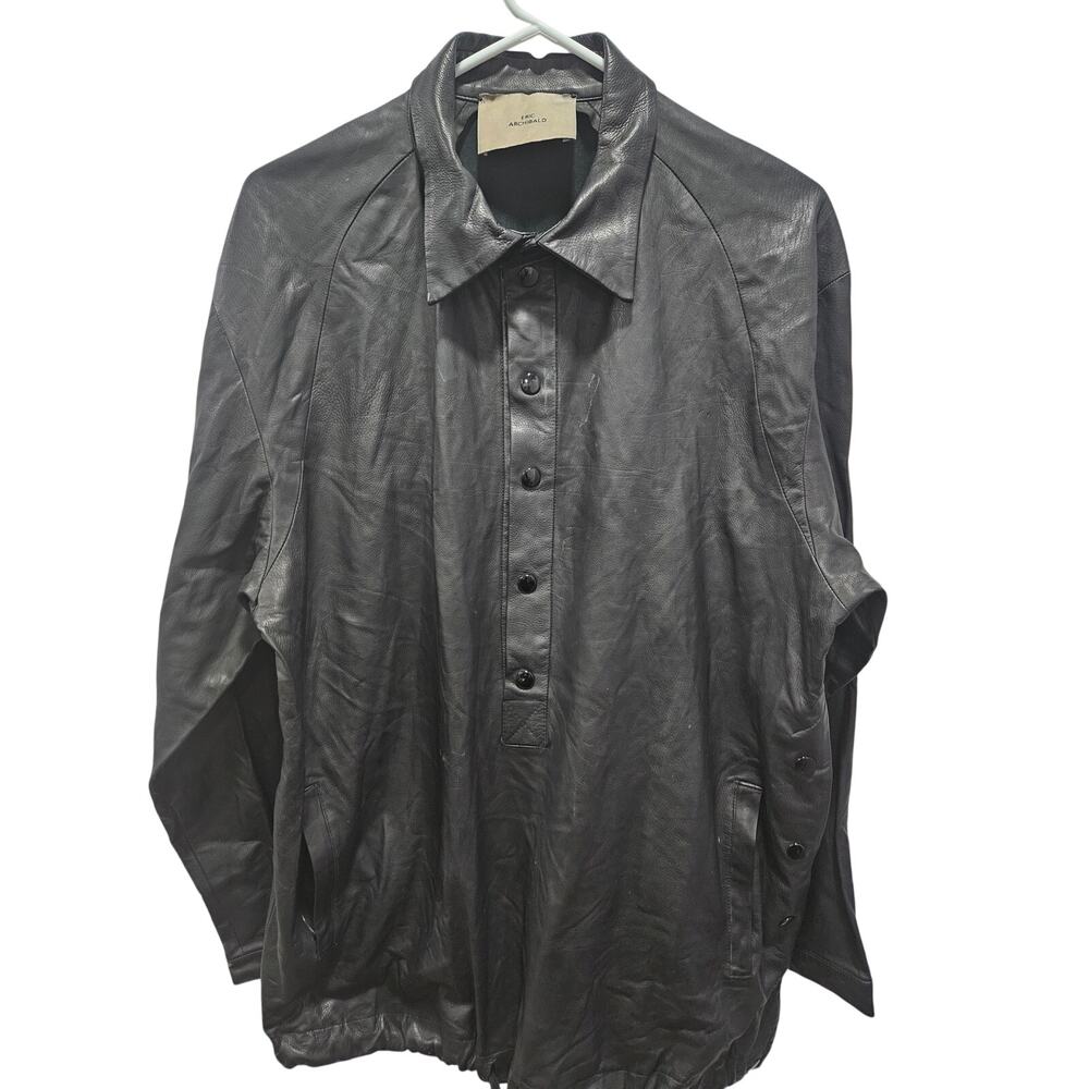 Vintage Eric Archibald Black Leather Pullover Shirt Jacket Drawstring Hem L